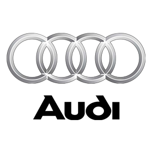 The Audi logo, featuring four interlocking silver rings centered above the black, stylized word 