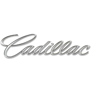 The silver, cursive Cadillac logo on a white background.