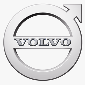 The Volvo logo: a silver circle with a diagonal arrow pointing up to the right and the company name centered in blue text.