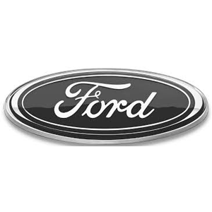The black and chrome Ford logo, featuring the brand name in a classic white cursive script inside an oval frame.