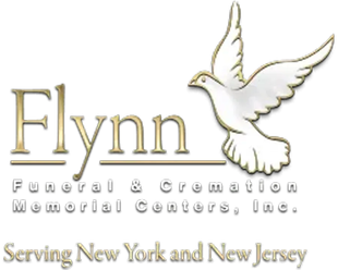 Flynn Funeral & Cremation Memorial Centers logo with white dove and “Serving New York and New Jersey” text