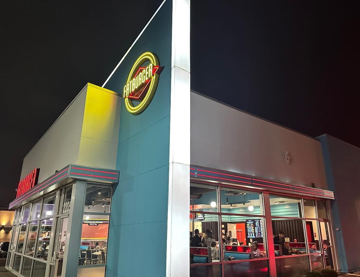 A picture of a diner at night and a picture of the inside of the diner.