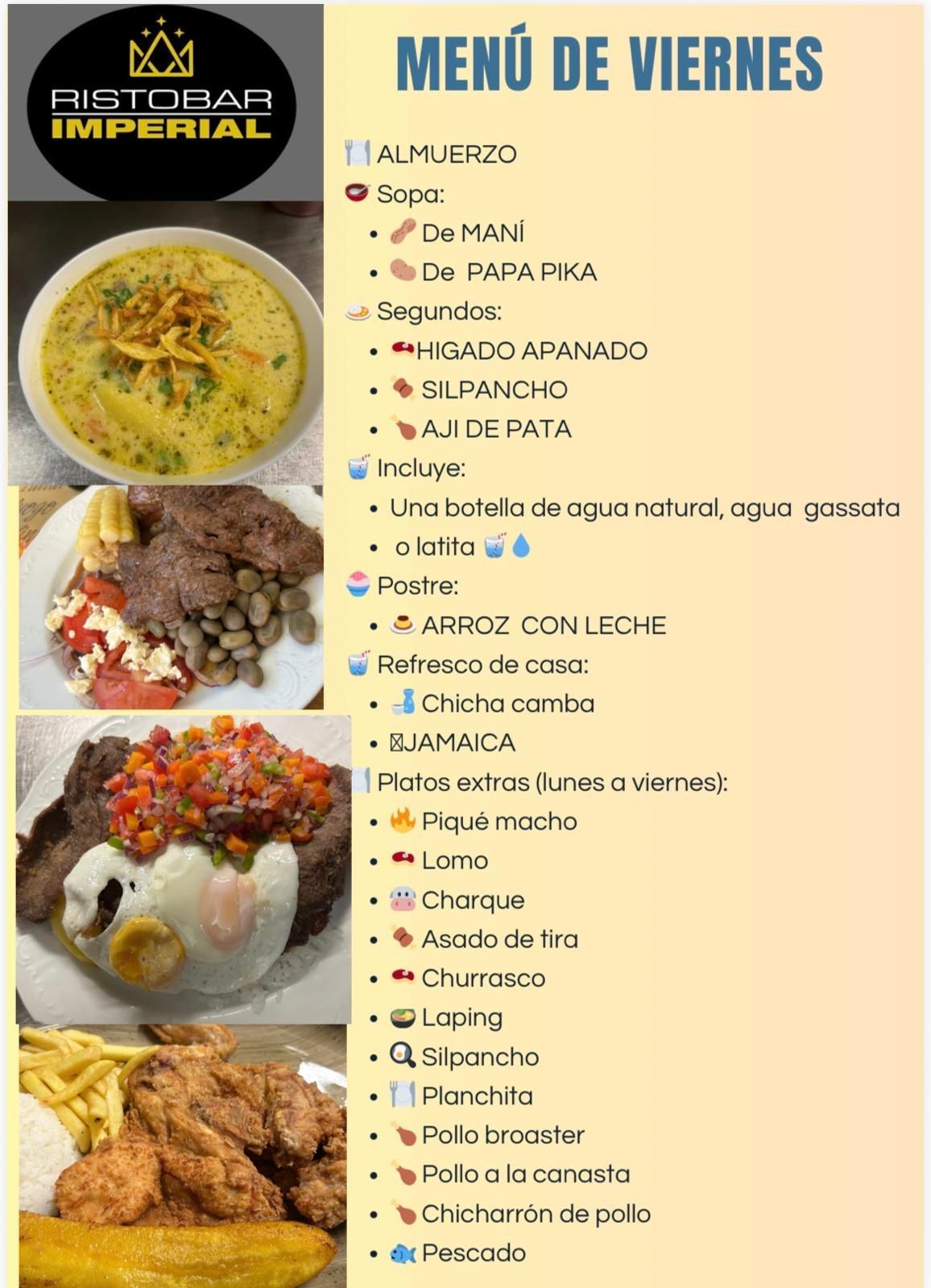 Menù del giorno al Bistró Imperial: sono elencati il pranzo e i piatti principali del venerdì con i relativi prezzi.