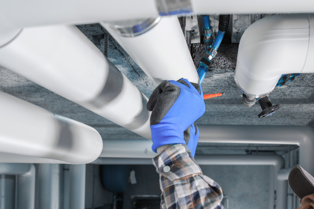 Johnny Jones Plumbing - A man wearing blue gloves is working on a pipe.