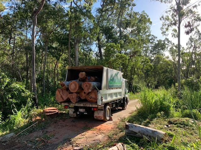 A Truck Is Carrying Logs Down a Dirt Road in The Woods — Advanced Vegetation Management in Gordonvale, QLD