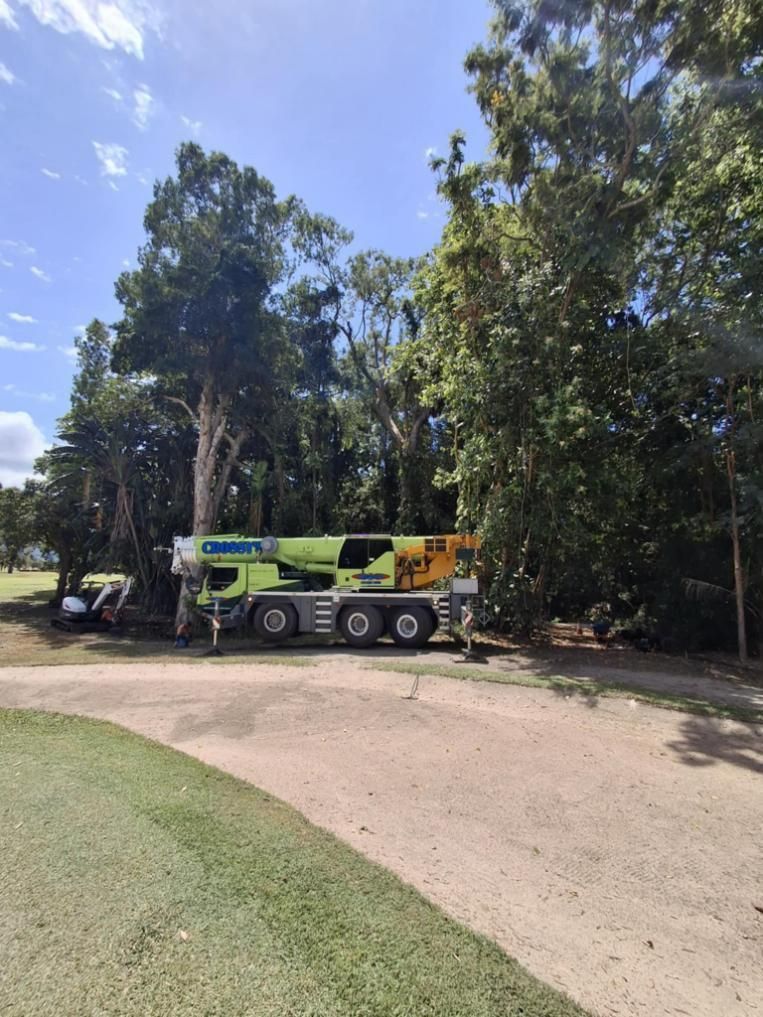 A Green and Yellow Crane Is Parked in A Parking Lot Surrounded by Trees — Advanced Vegetation Management in Redlynch, QLD