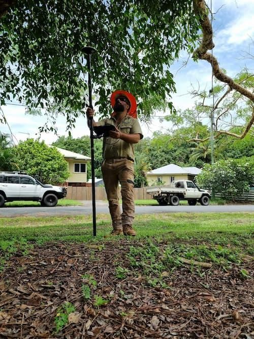 A Man Is Standing Under a Tree Holding a Pole and A Tablet — Advanced Vegetation Management in Stratford, QLD