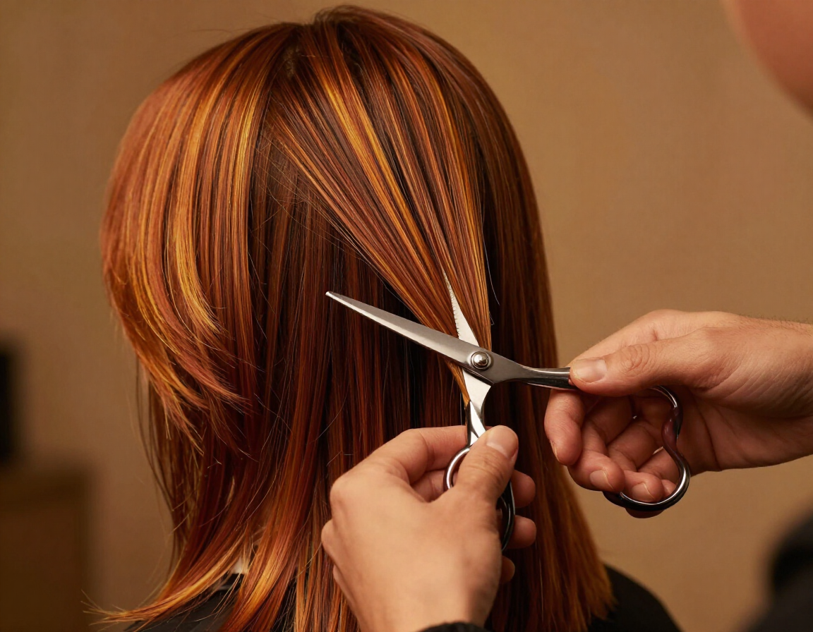 Professional stylist performing a precision haircut, warm amber studio lighting