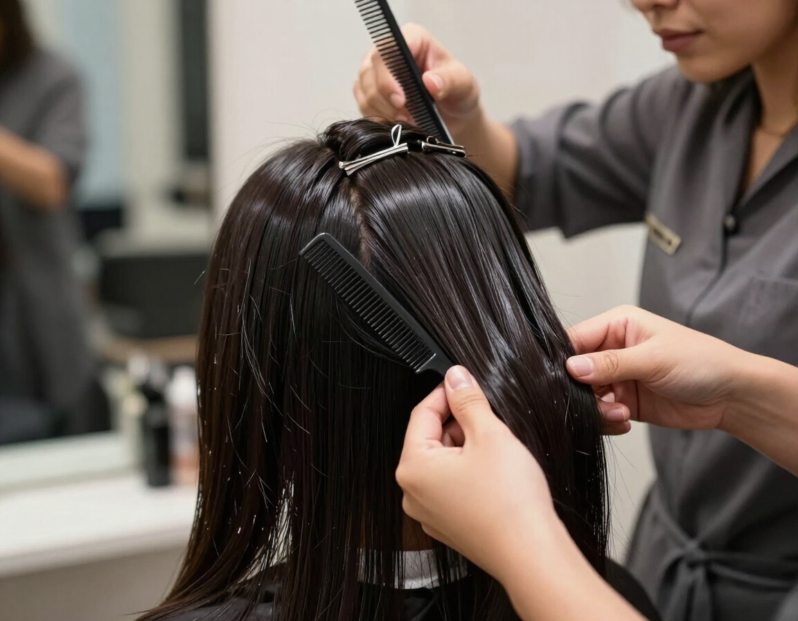 Protein treatment on strong shiny hair in salon