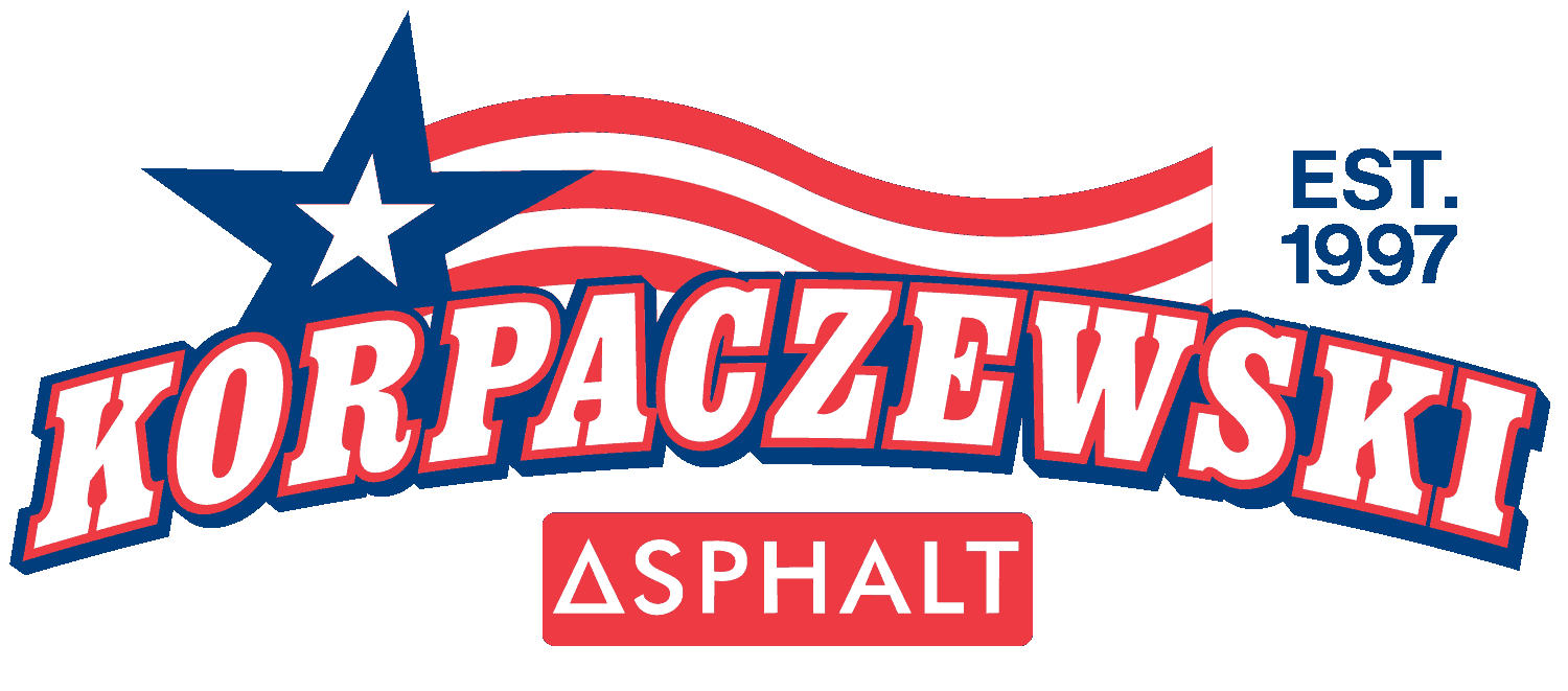 Logo for Korpaczewski Asphalt, features a blue star, red/white stripes, and text on a red background.