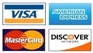 Credit card logos: Visa, American Express, Mastercard, and Discover.