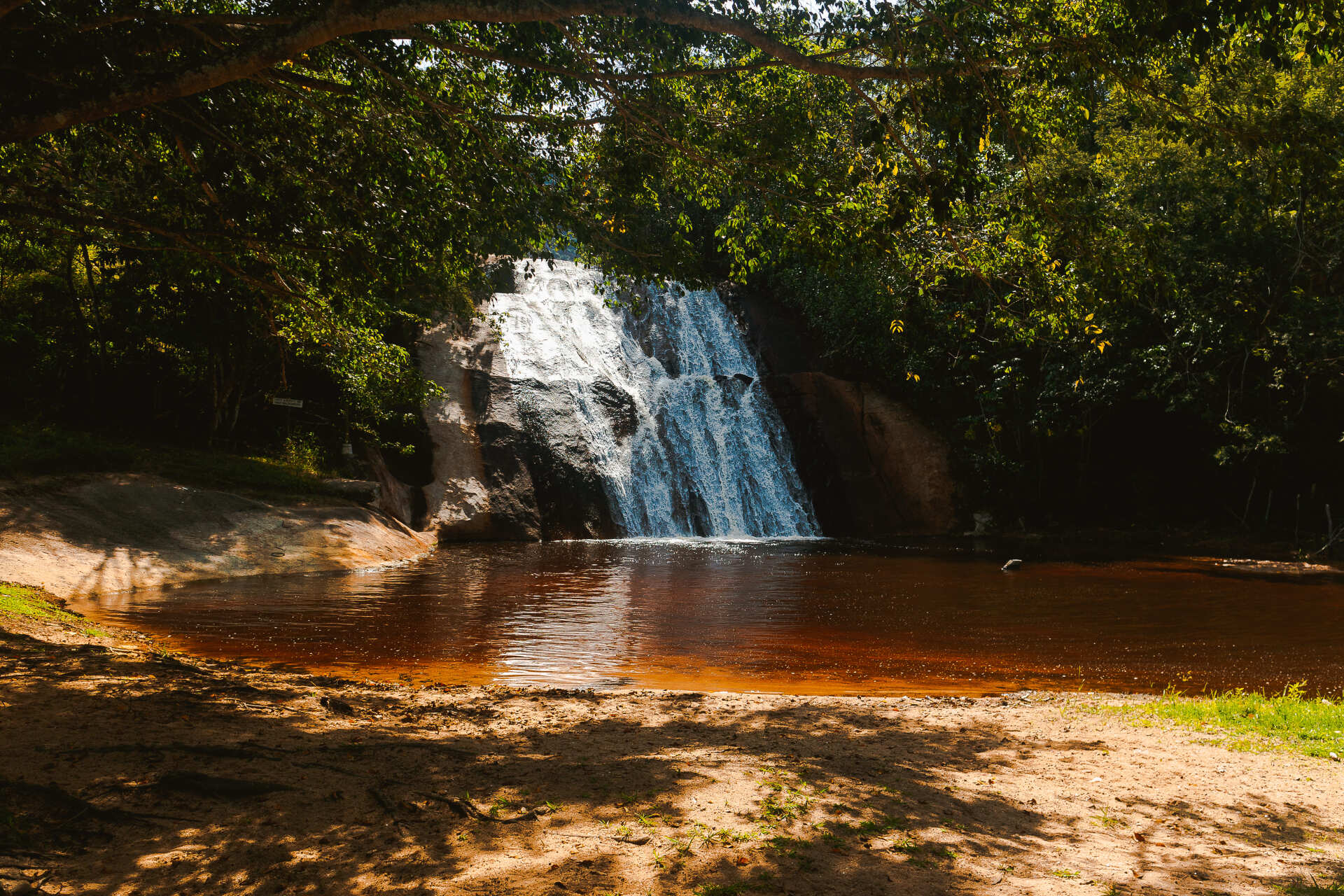 Uma cachoeira é cercada por árvores e um corpo dágua.