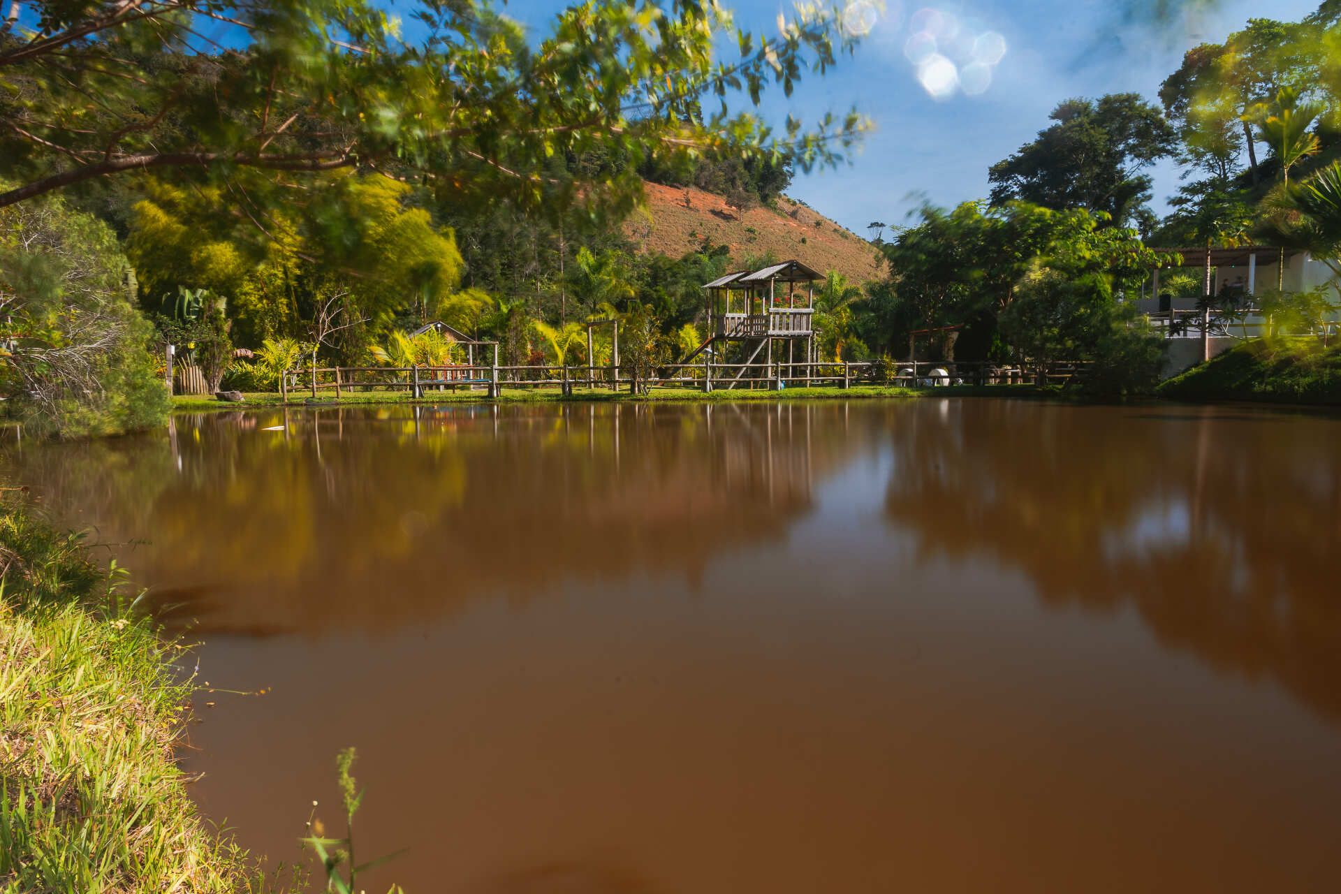 Um grande corpo de água cercado por árvores em um dia ensolarado.