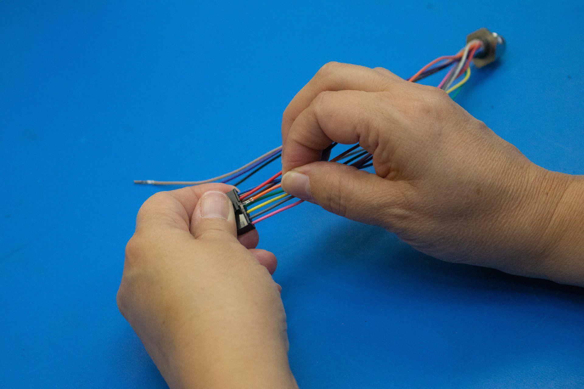 A person is holding a bunch of wires in their hands on a blue surface.