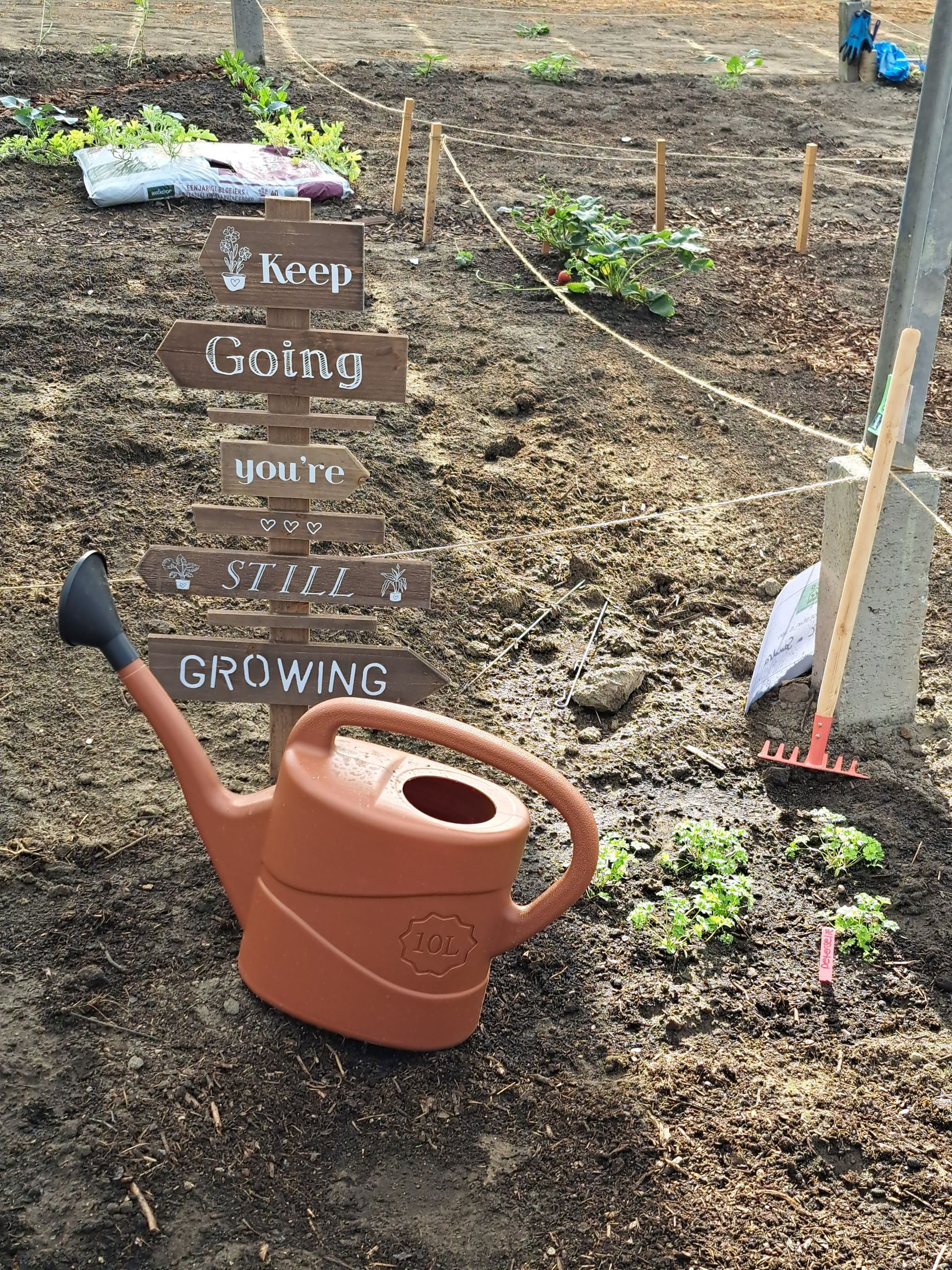 Een oranje gieter in een tuin, naast een bordje met de tekst