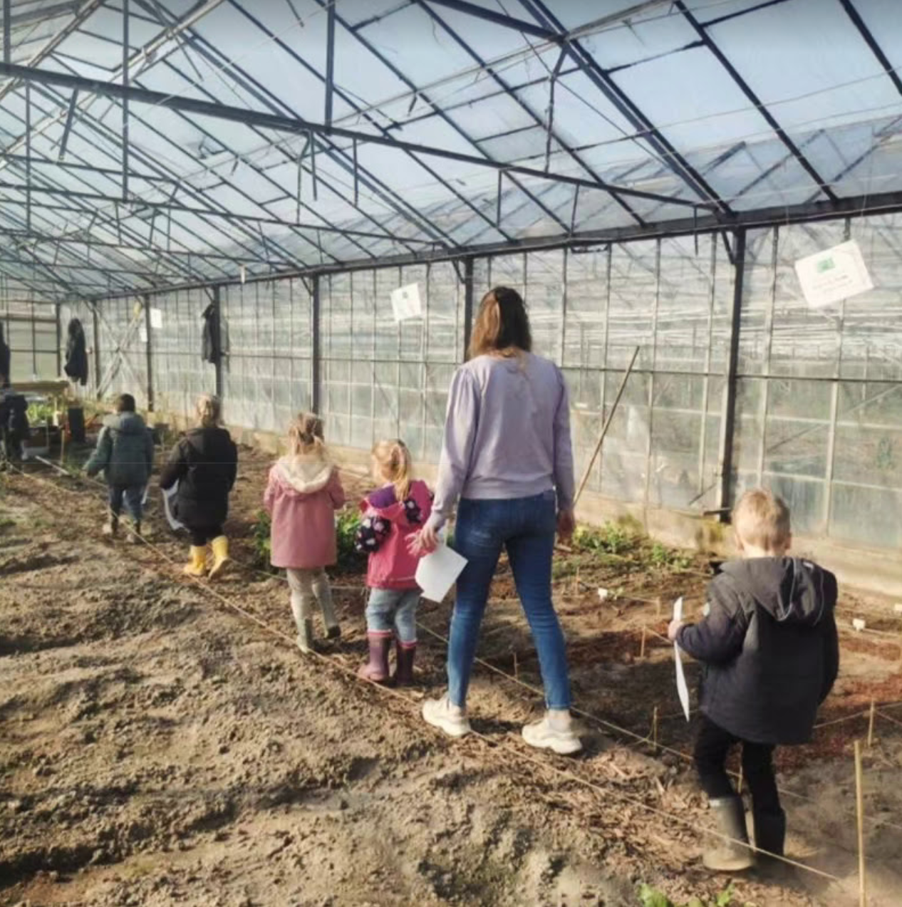 Kinderen en een volwassene lopen in een kas langs rijen aarde.