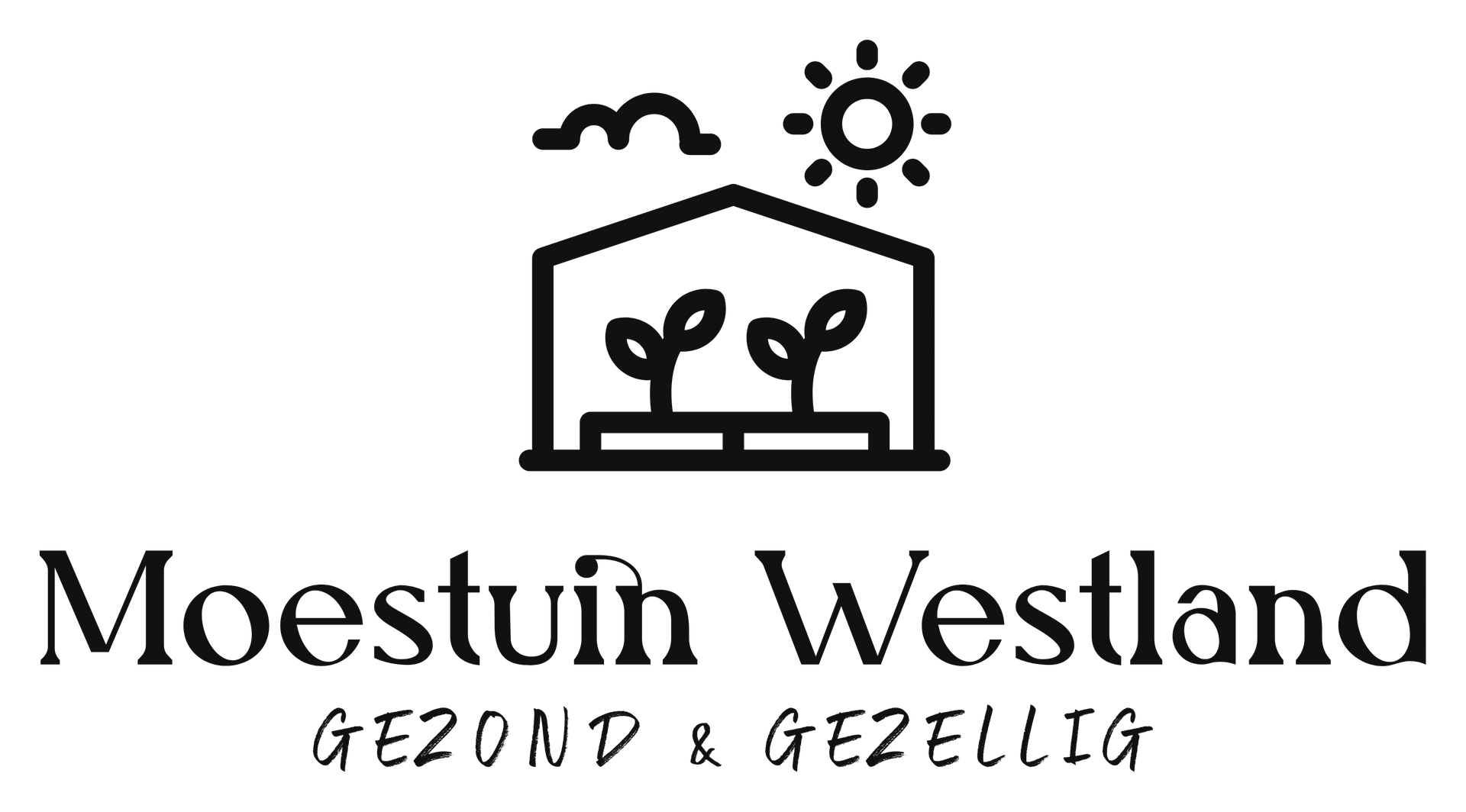 Logo: Greenhouse with two plants, sun, clouds.