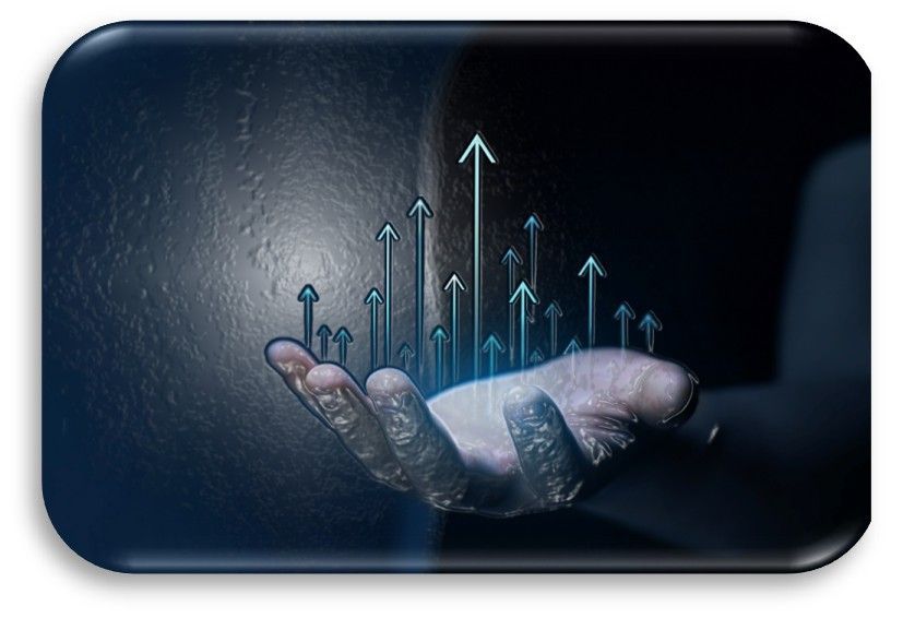 A hand is holding a graph with arrows pointing up