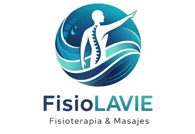 Logotipo de FisioLAVIE con una figura humana blanca sobre un círculo azul y ondas turquesas, texto «Fisioterapia & Masajes»