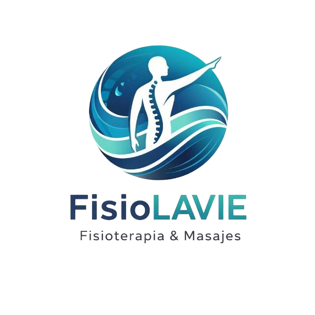 Logotipo azul y turquesa de FisioLAVIE con la silueta de una columna y el texto «Fisioterapia & Masajes».
