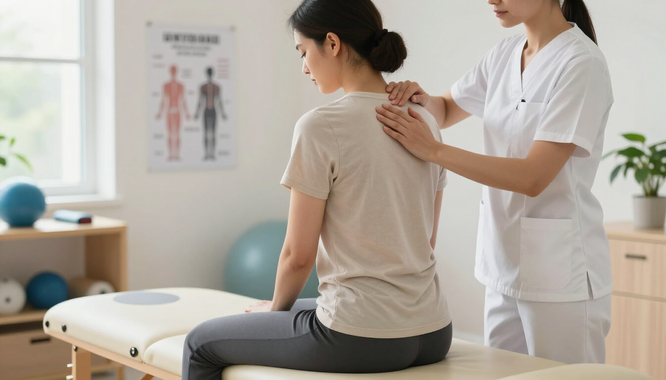 Fisioterapeuta examinando el hombro de un paciente sentado en una clínica luminosa