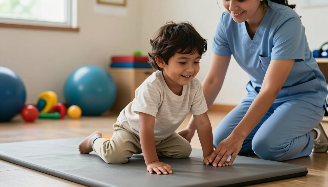 Un niño practica en una colchoneta con un terapeuta en una sala de juegos luminosa, rodeado de pelotas de ejercicio de colores.