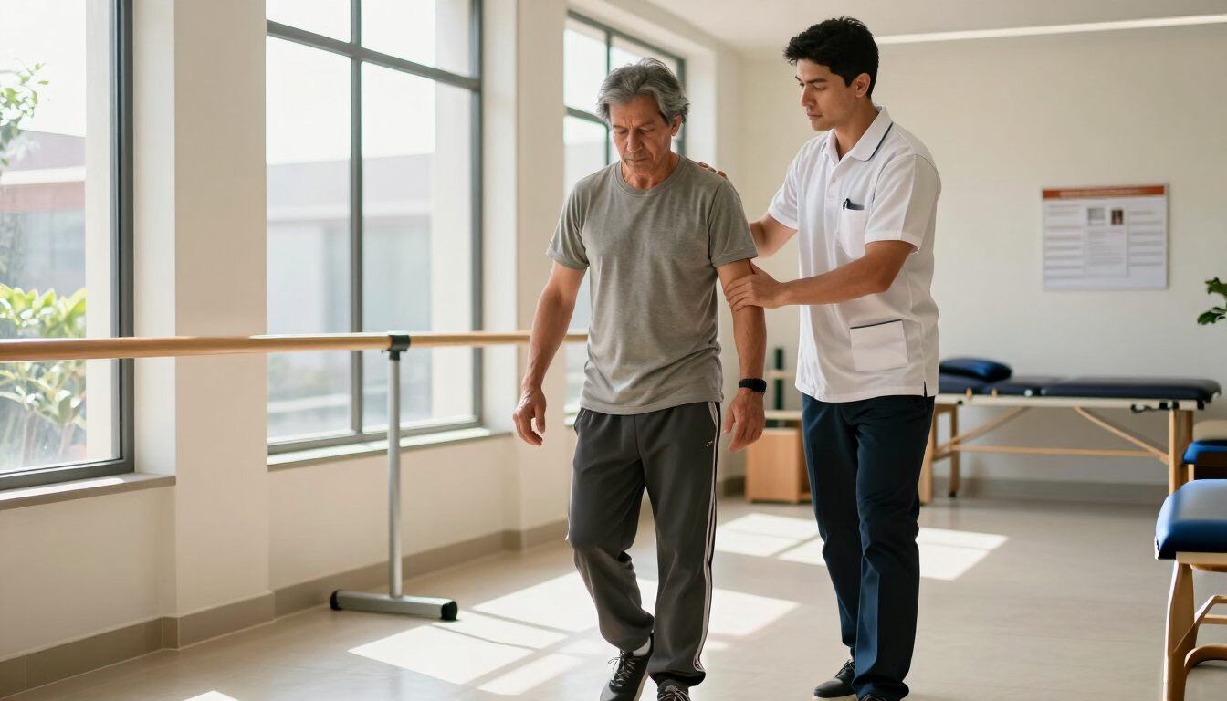 Una persona ayuda a otra a caminar en una sala de rehabilitación luminosa con barras paralelas