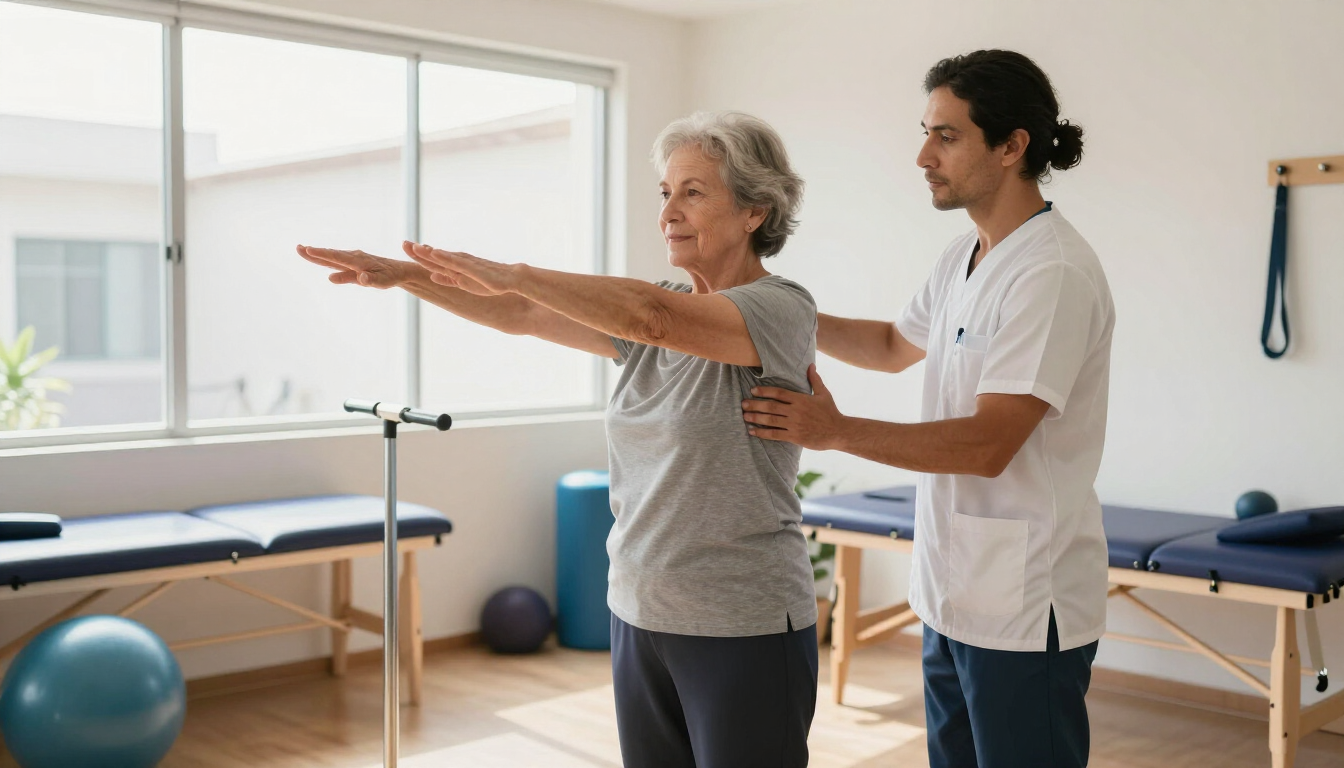 Fisioterapeuta ayudando a un paciente en una clínica de rehabilitación luminosa, guiándolo mientras hace estiramientos de brazos junto a las camillas de tratamiento.