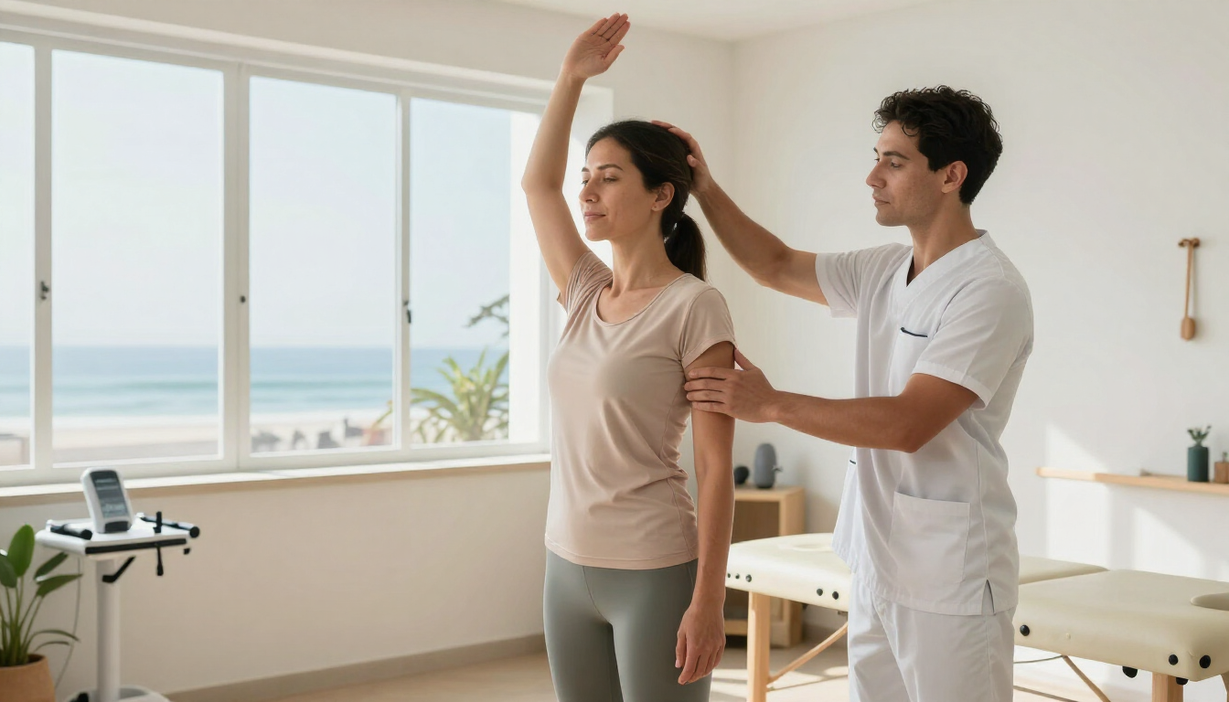 Fisioterapeuta guiando a una mujer en un estiramiento de brazo en una clínica luminosa con vistas al mar.