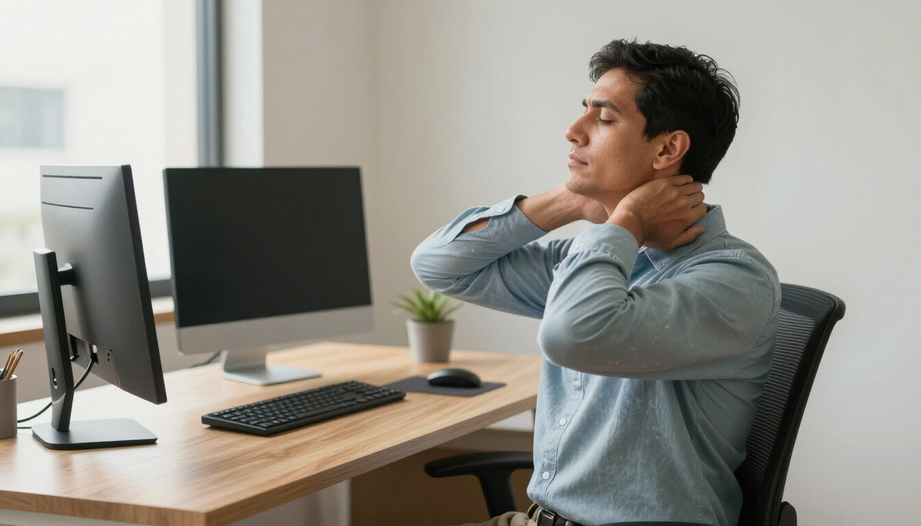 Empleado de oficina estirando el cuello en su escritorio, frente a una computadora y un monitor