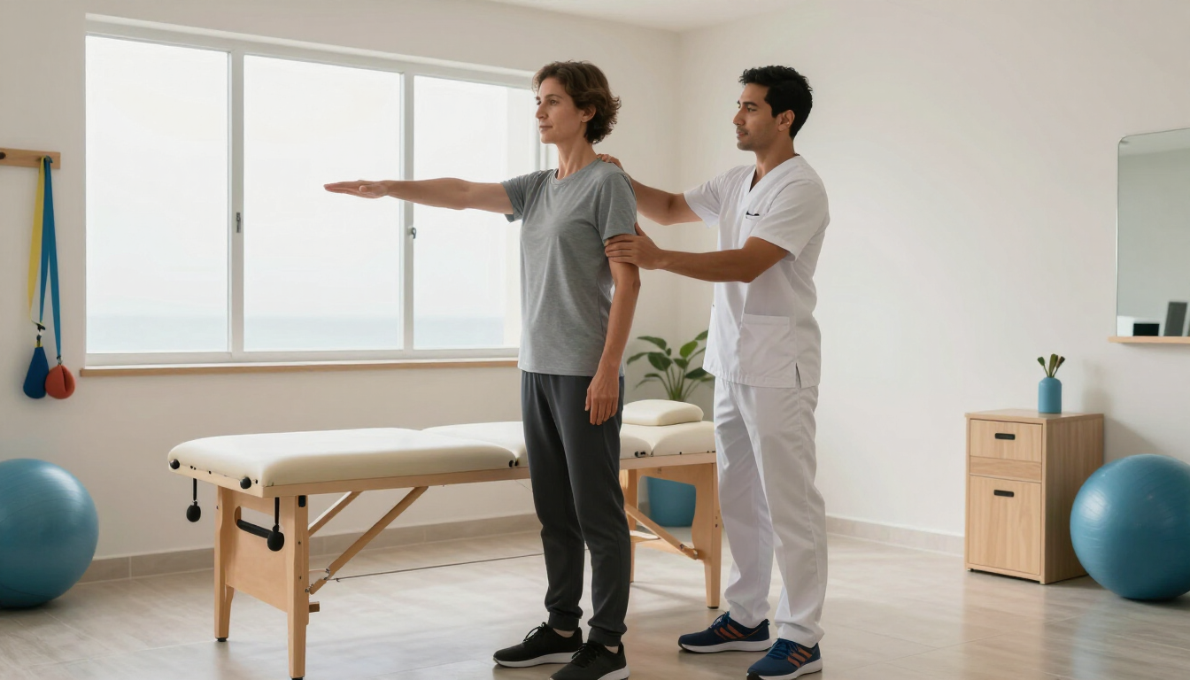 Fisioterapeuta ayudando a un paciente a mantenerse de pie en una clínica luminosa mientras realiza un ejercicio de equilibrio o postura