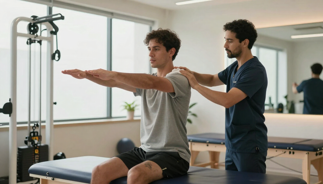 Un fisioterapeuta guía a un hombre sentado mientras realiza ejercicios con los brazos en una clínica de rehabilitación luminosa