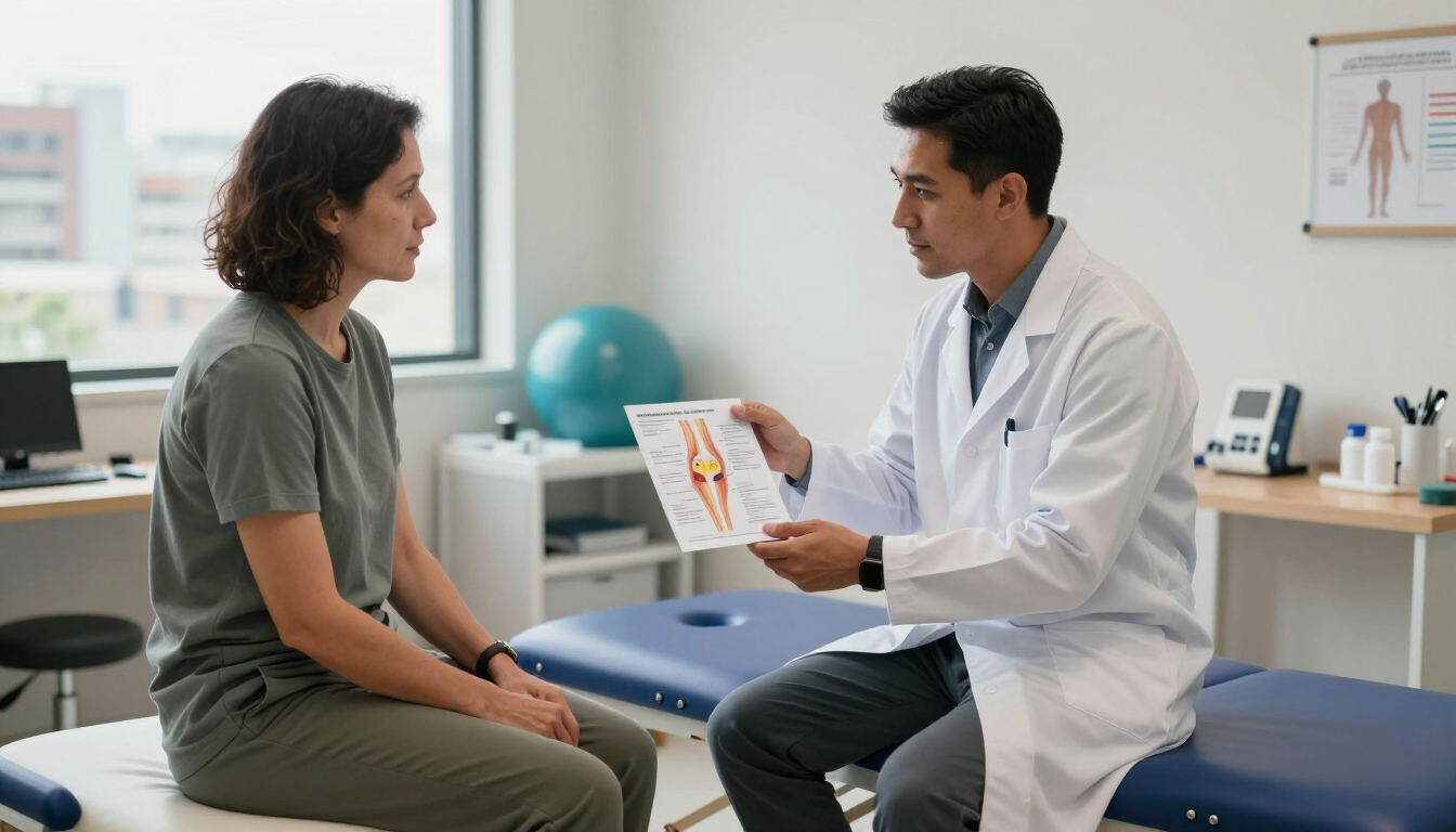 Médico mostrando el historial clínico a un paciente sentado en una sala de consulta