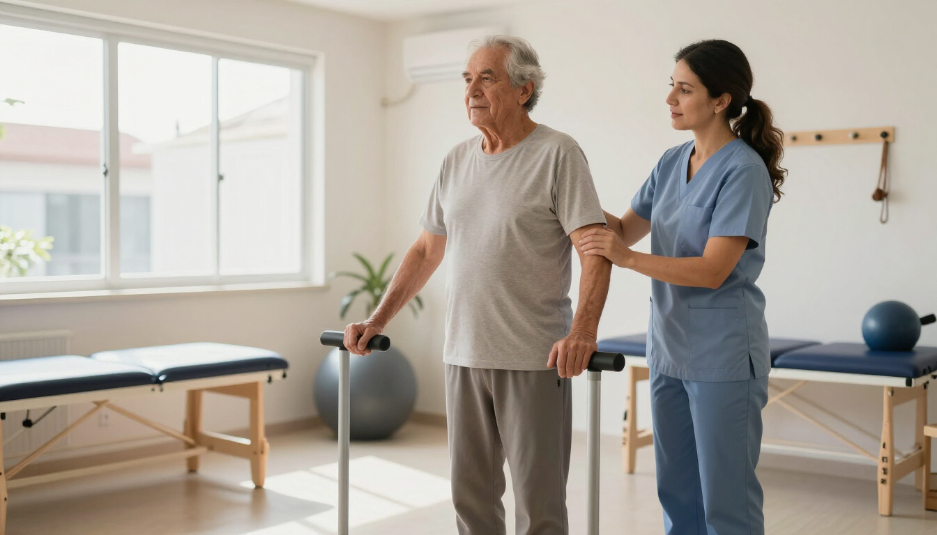Adulto mayor realizando ejercicios de equilibrio con fisioterapeuta