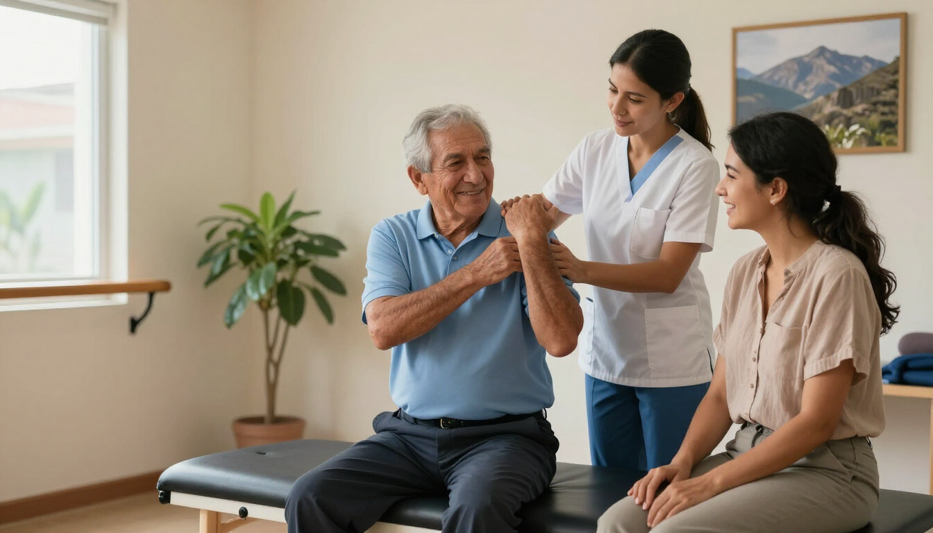 Sesión de fisioterapia geriátrica con acompañamiento familiar