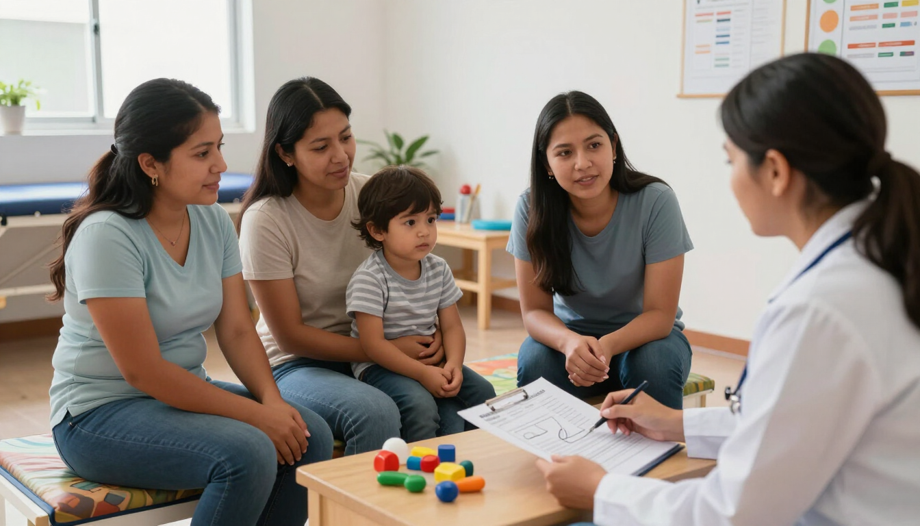 Sesión familiar de rehabilitación infantil en una clínica cercana