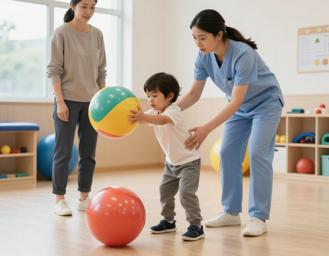 Niño realizando ejercicios de coordinación con acompañamiento profesional