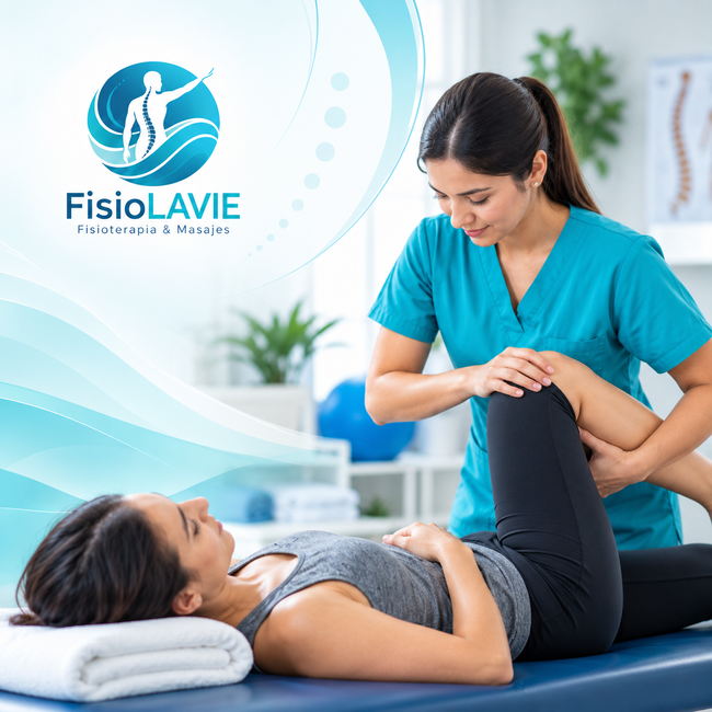 Fisioterapeuta atendiendo a un paciente en una camilla de masaje en una clínica luminosa, con el logotipo de FisioLAVIE a la vista