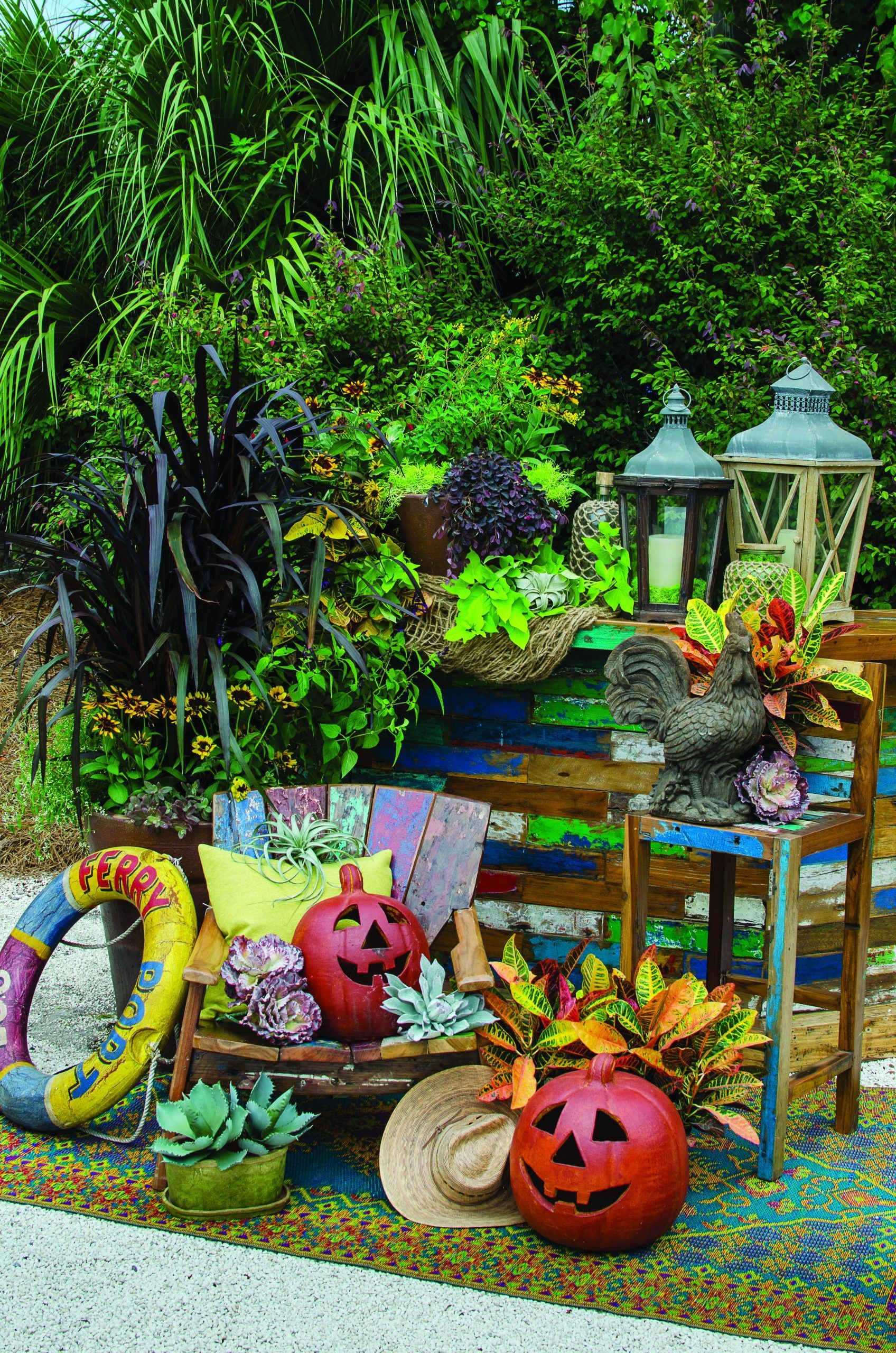 Halloween garden scene with pumpkins, succulents, lanterns, and a rooster statue.