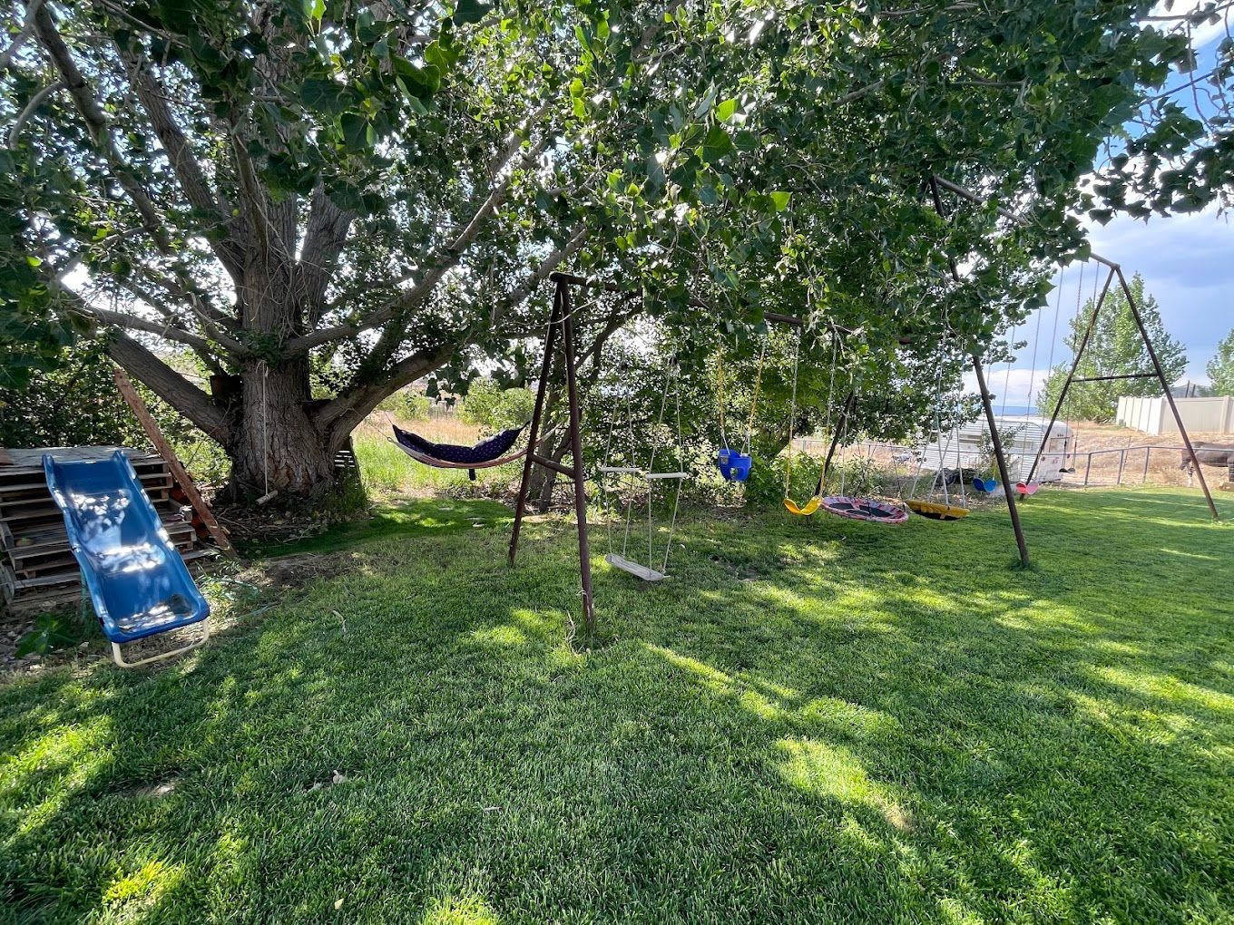 A backyard with a swing set , hammock , and a tree.