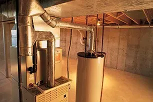 Furnace and water heater in a basement; metal ducts, tan and silver.
