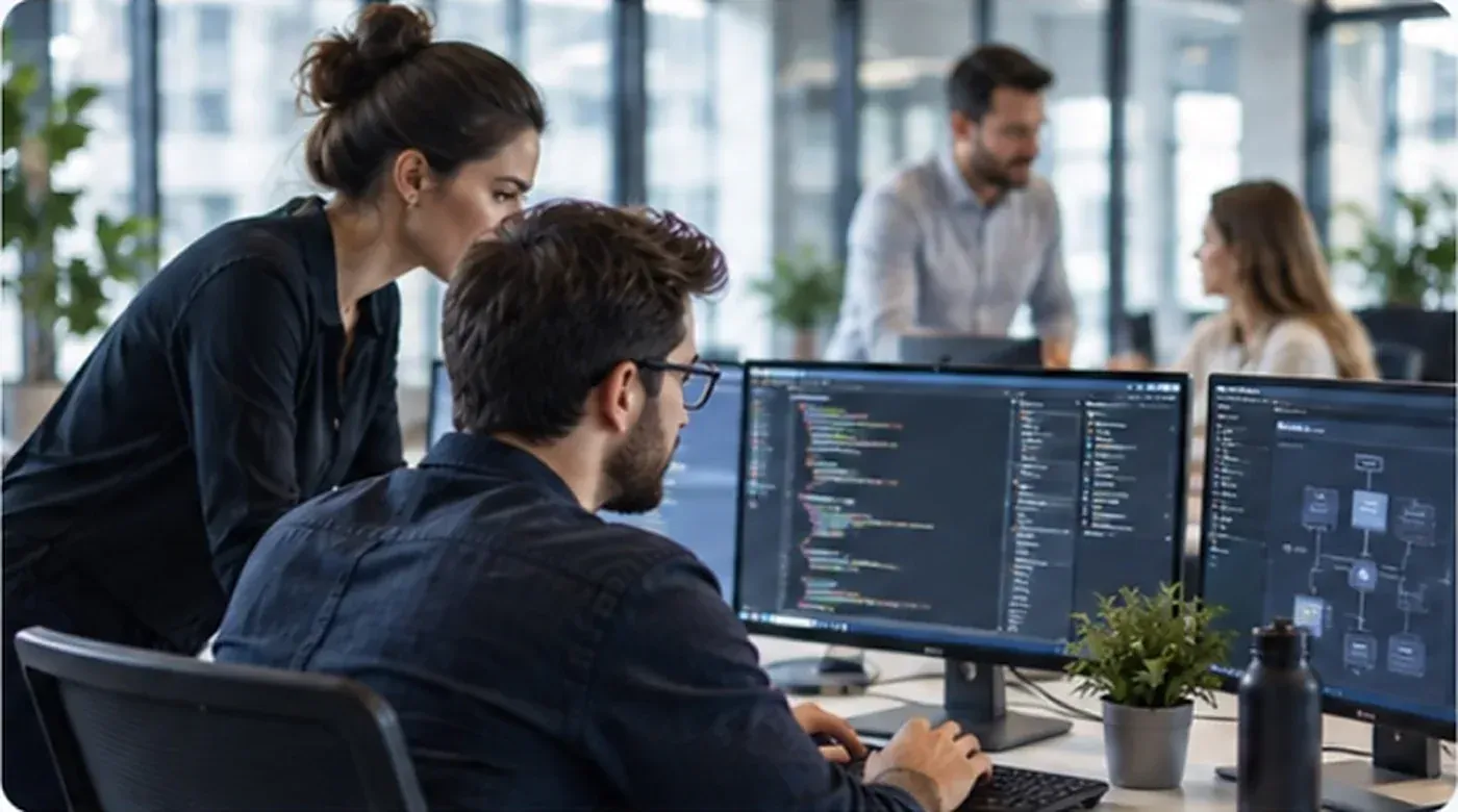 Software development team working together
