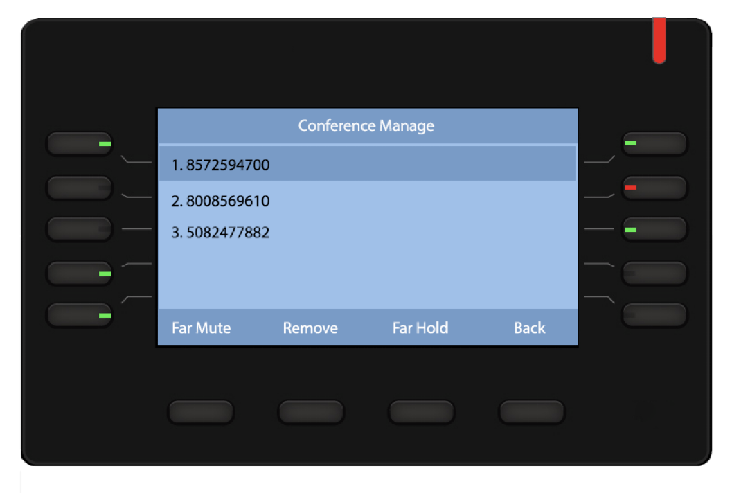 A black device with a blue screen that says conference message