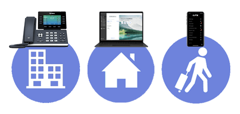 A phone a laptop a house and a person with a suitcase