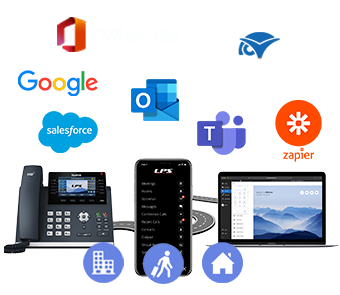 A phone a laptop and a cell phone with logos