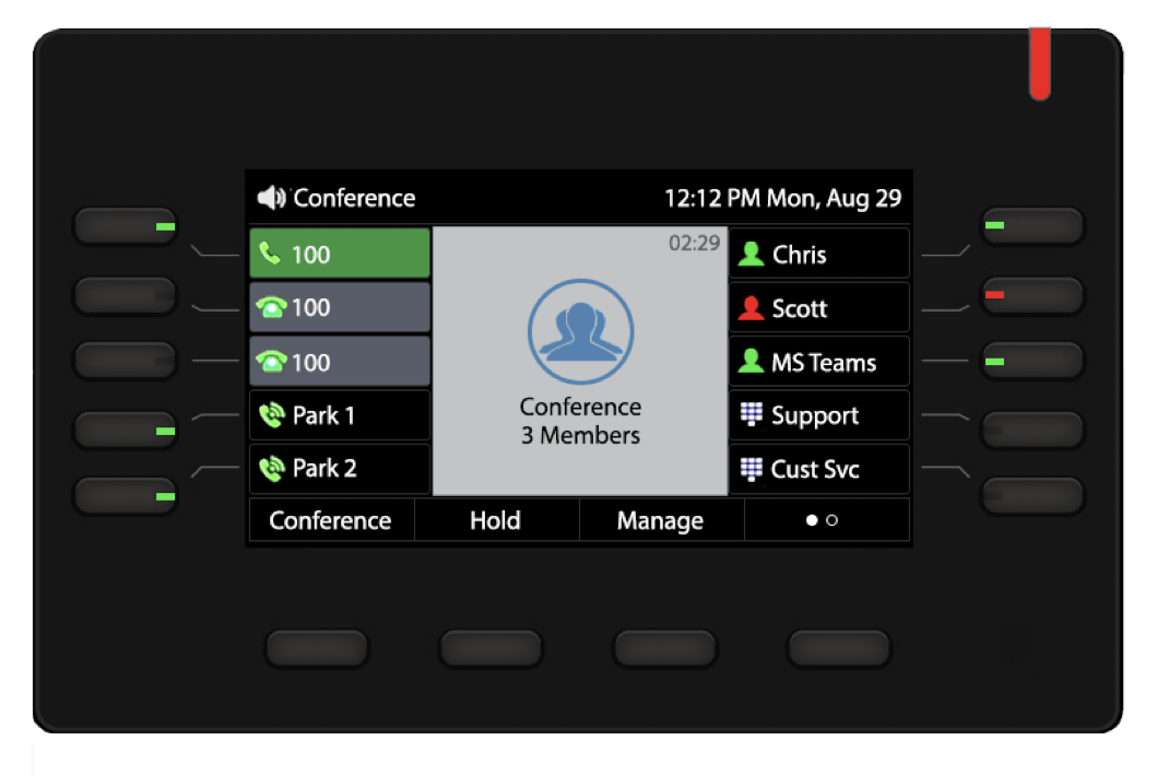 A black phone with a conference screen on it