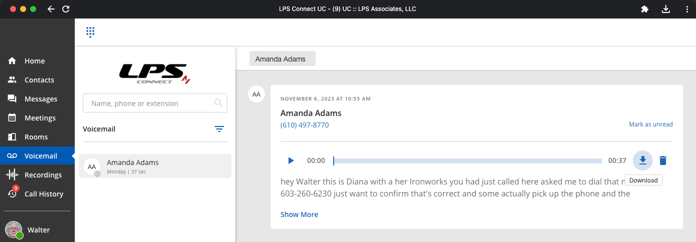 A screenshot of a voicemail