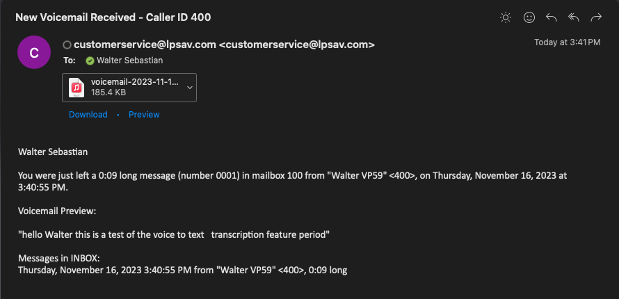 A screenshot of a voicemail to email