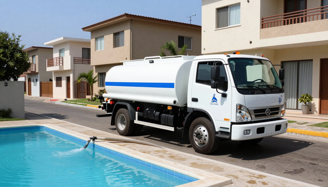 Camión cisterna blanco estacionado junto a una piscina en un barrio residencial.