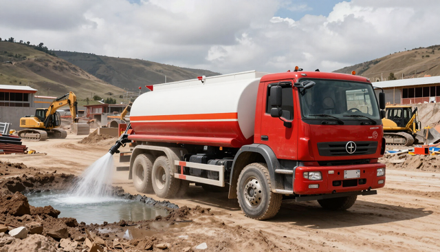 Un camión cisterna rojo rocía agua sobre una obra en construcción embarrada con excavadoras al fondo.